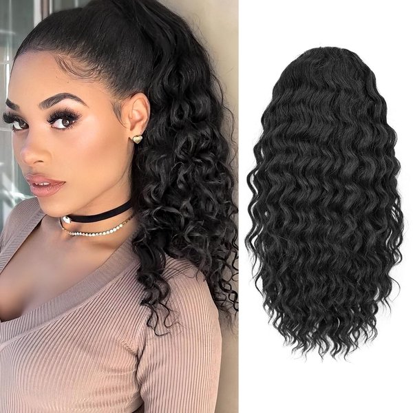 HANYUDIE Curly Ponytail Extension Drawstring Ponytail Extension for Black Women 18 Inch Ponytail Hair Extension for Daily Use 1B