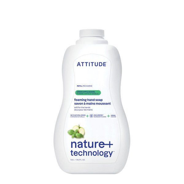ATTITUDE Foaming Hand Soap, Plant and Mineral-Based Ingredients, Vegan and Cruelty-free Personal Care Products, Green Apple & Basil, Bulk Refill, 35.2 Fl Oz