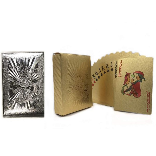 IvyMei 2 Pack Dragon Playing Cards Waterproof Gold Silver Foil Playing Cards Plastic Poker Cards High Flexible(Sliver+Gold)