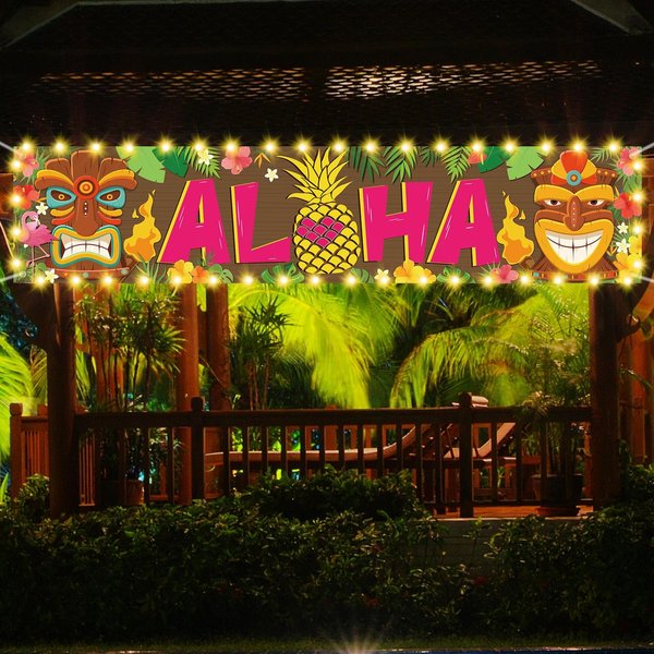 OuMuaMua Hawaiian Luau Party Decorations, Aloha Party Decorations, Tiki Decorations Aloha sign with Lights for Summer Aloha Moana Hawaii Luau Party Decorations, Tropical Birthday Tiki Party Supplies