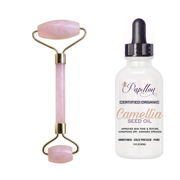 Papillon Organic Rose Quartz Face Roller Tool and Camellia Oil Bundle Gift Set - 100% Pure Camellia Oil - Organic Cold-Pressed Oil with Natural Omega-9 – Rich in Anti-Oxidants for Anti-Aging