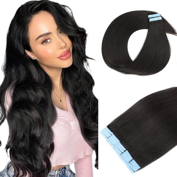 TOZOIE Tape in Hair Extensions Human Hair, 18 Inch Hair Extensions Real Human Hair Natural Black Tape in Straight Invisible Tape in Hair Extensions for Women (1B, 18 Inch)