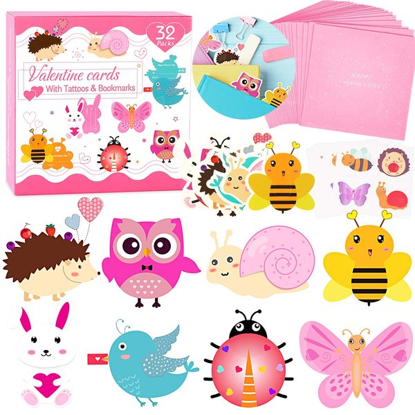 Valentines Day Cards for Kids 32 Packs with Animal Bookmarks + Temporary Tattoos + Envelopes, Valentines Day Greeting Cards, Kids Valentines Day Exchange Gift Cards for Classroom School Party Favors