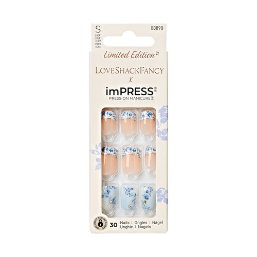KISS LoveShackFancy x imPRESS Press-On Manicure Limited Edition, Style "Hydrangea Blue" Short Square Blue Press-On Nails, Includes Prep Pad, Mini Nail File, Cuticle Stick, & 30 Fake Nails