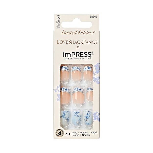 KISS LoveShackFancy x imPRESS Press-On Manicure Limited Edition, Style "Hydrangea Blue" Short Square Blue Press-On Nails, Includes Prep Pad, Mini Nail File, Cuticle Stick, & 30 Fake Nails