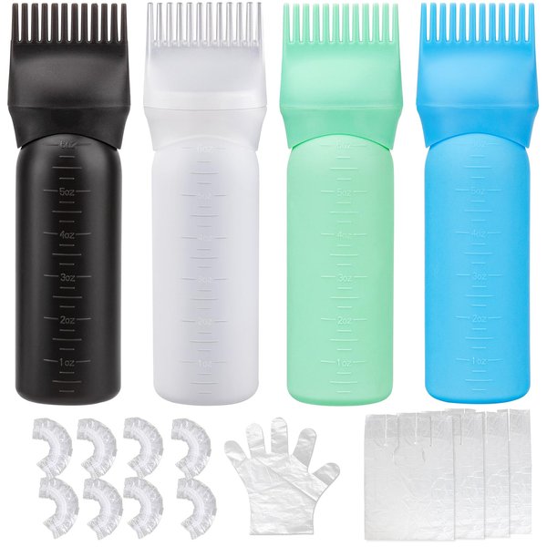 Decorniqu Root Comb Applicator Bottle 6 Ounce Hair Oil Applicator for Hair 4 Pack 12-tooth Comb Hair Oiling Applicator Dye Hair Dye Brush Hair Applicator Bottle with Graduated Scale