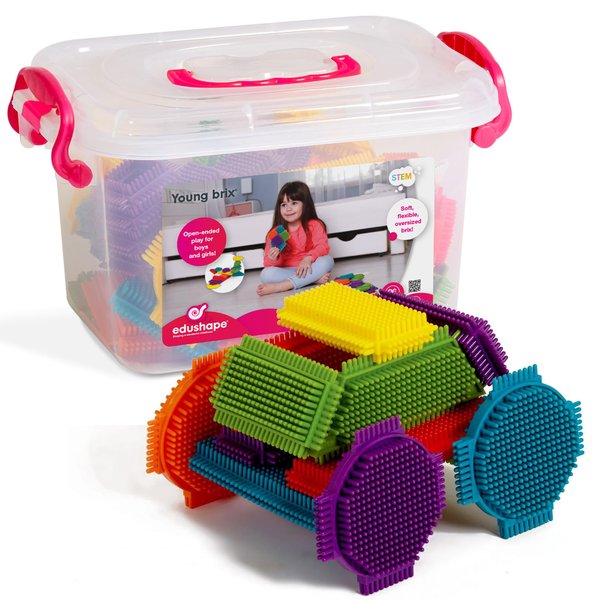 Edushape Young Brix Interlocking Baby Building Blocks - 36 Pcs Baby Blocks Interlocking Bricks in Reusable Storage Box - Stacking Blocks for Young Babies and Toddlers - Daycares Preschool Supplies