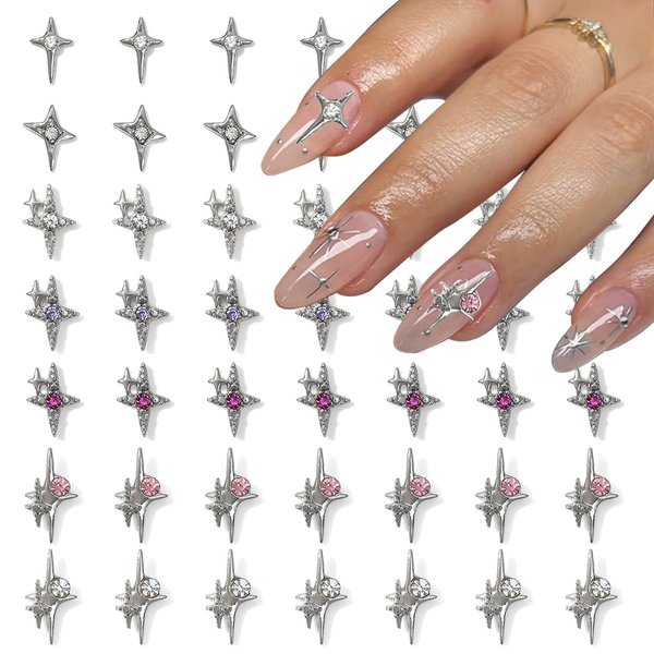 VOTACOS 40 Pcs Silver Star Nail Charms 3D Nail Art Charms for Acrylic Nails Shiny Alloy Crystal Star Nail Gems Nail Jewels Star Nail Rhinestones Nail Art Supplies for Women DIY Nail Decorations