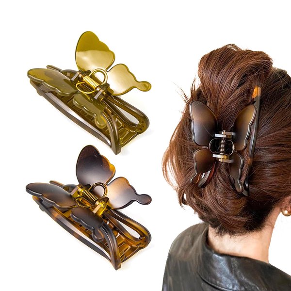 Medium Butterfly Hair Claw Clips, Hair Claw Clips for Thick/Thin Curly Long Hair, 2PCS Strong Hold Matte Nonslip Cute Hair Claw Clips for Women/Girls, Neutral Claw Clips for Hair