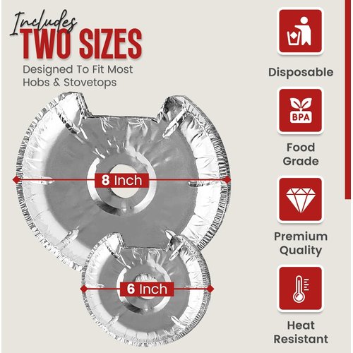 Heavy-Duty Aluminum Electric Stove Burner Covers (50 Pack) - Disposable Round Foil Liners (6 & 8 Inch), Non-Stick Drip Pan Protectors, Stove Top Covers, Great Kitchen Accessory for Easy Cleanup