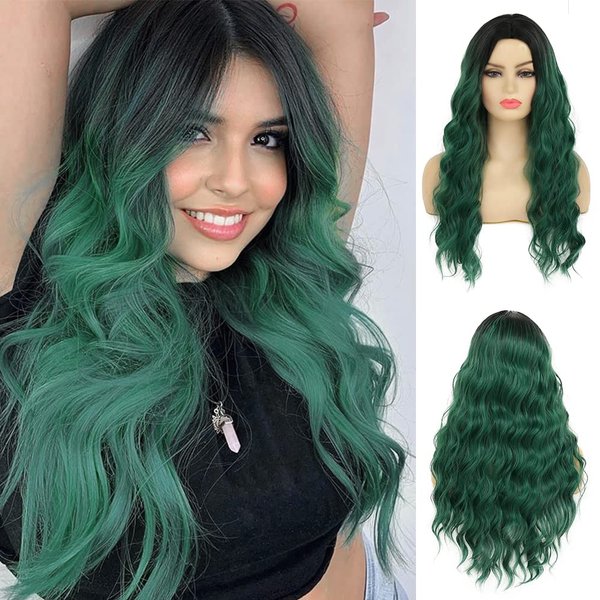 Swiking Curly Ombre Green Long Women Wigs Midele Part Synthetic Natural Wave Hair Black and Green Cosplay Costume Wigs
