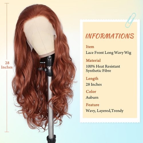 FAVE 28 Inches Lace Front Wig Heat Resistant Synthetic Lace Front Wig Long Wavy Free Part Auburn Wig Glueless Lace Front Wigs for Women Lace Wig for Party Daily Use (Auburn)