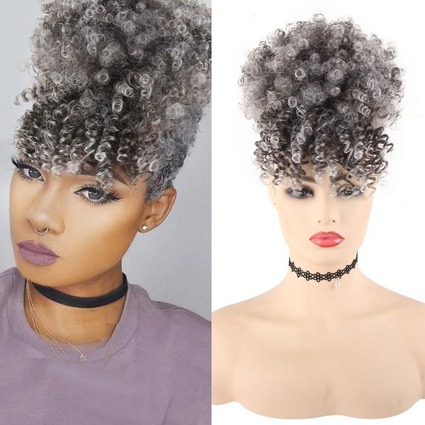 LEOSA Short Afro Puff Drawstring Ponytail Bun with Bangs Synthetic Short Kinky Curly Ponytail Updo Hair Extensions with Two Clips,Natural looking Curly Women Hairpieces (1B/GREY)
