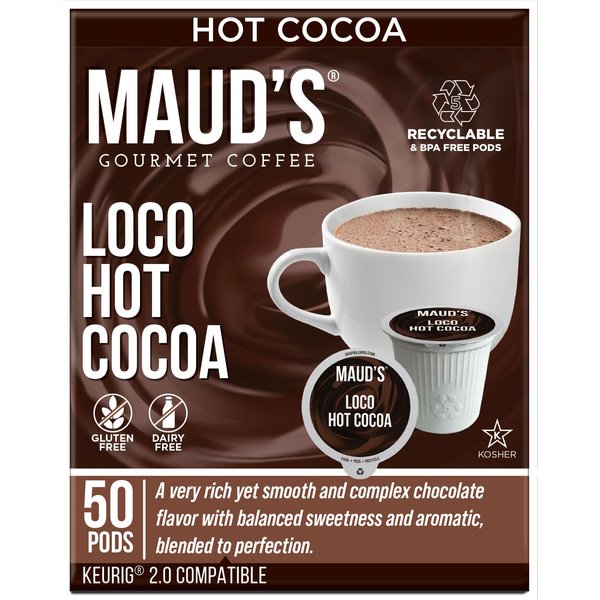 Maud's Dark Hot Chocolate Pods, 50ct. | Single Serve Gluten & Dairy Free Hot Cocoa | 100% California Blended Hot Chocolate | Solar Energy Produced Recyclable Pods Compatible with Keurig K Cups Maker