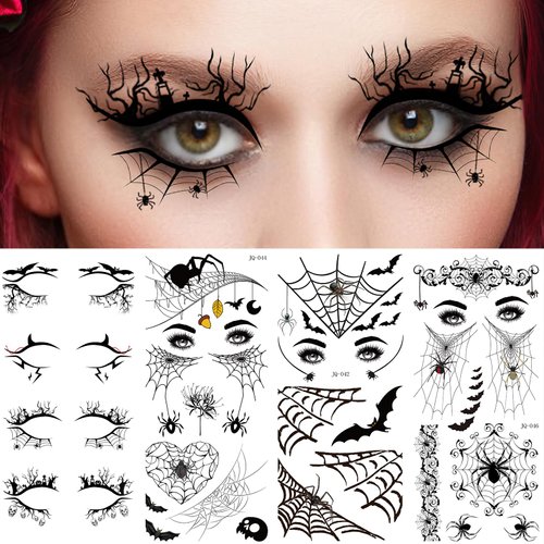 Halloween Eye Shadow Stickers Eyeliner Decals Spider Bat Spider Web Skull Bat Temporary Tattoo Stickers Face Eye Makeup Tattoos Stickers for Women Girls Halloween Masquerade Party