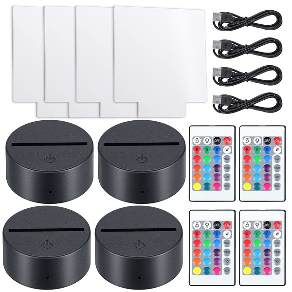 4 Pieces 3D Night LED Light Lamp Base with 4 Pieces Clear Acrylic Sheets & Remote Controls and Charging Cables Adjustable 16 Colors 4 Modes for Child Room Bar (Square Style)