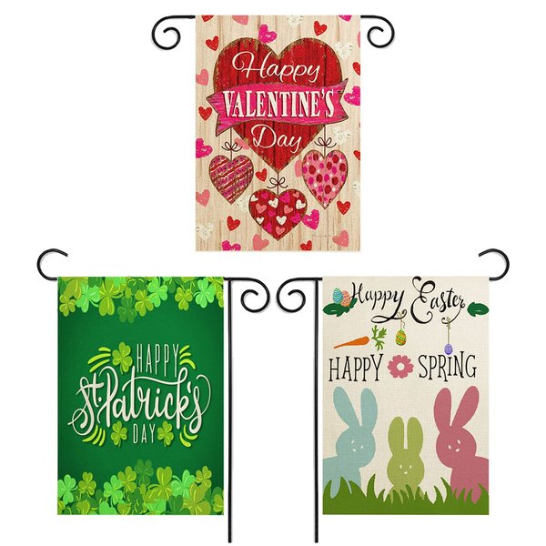 Valentine Day Garden Flag St Patricks Day Garden Flag Easter Garden Flags 3 Pack Outdoor Decorations for Seasonal Home Yard Spring