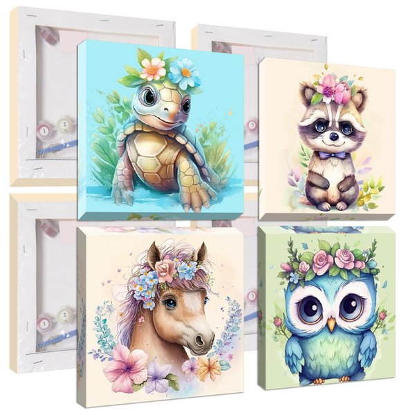 Mrnsiet 4 Pack Paint by Numbers Kit for Kids with Framed Canvas, Paint by Numbers for Kids Ages 8-12, Horse Sea Turtle Raccoon Owl DIY Acrylic Animals Oil Painting Arts Crafts 8x8 Inch