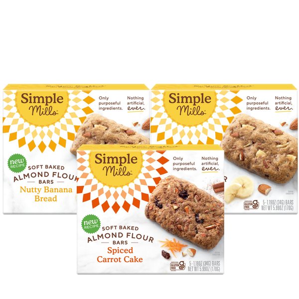 Simple Mills Almond Flour Snack Bars, Variety Pack (Nutty Banana Bread and Spiced Carrot Cake) - Gluten Free, Made with Organic Coconut Oil, Breakfast Bars, Healthy Snacks, 6 Ounce (Pack of 3)