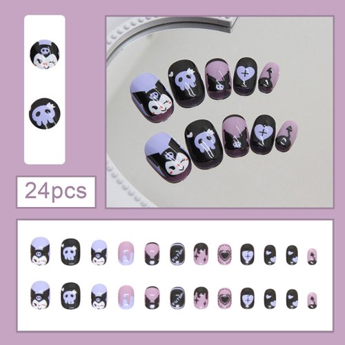 Generic 24PCS Black Rabbit Short Press on Nails,Black and Purple Press on Nails Short for Girls and Women,Fake Nails Kit with Glue Jelly Glue Stick Mini File and Wet Wipes