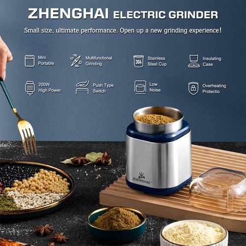 ZHENGHAI Electric Herb Grinder 200w Spice Grinder Compact Size, Easy On/Off, Fast Grinding for Flower Buds Dry Spices Herbs, with Pollen Catcher and Cleaning Brush 1.7oz Capacity (Blue)