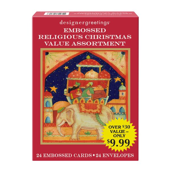 Designer Greetings Embossed Religious Christmas Value Card Assortment (24 Greeting Cards with 24 Envelopes; 8 Designs with KJV Scripture, 3 Each), Assorted