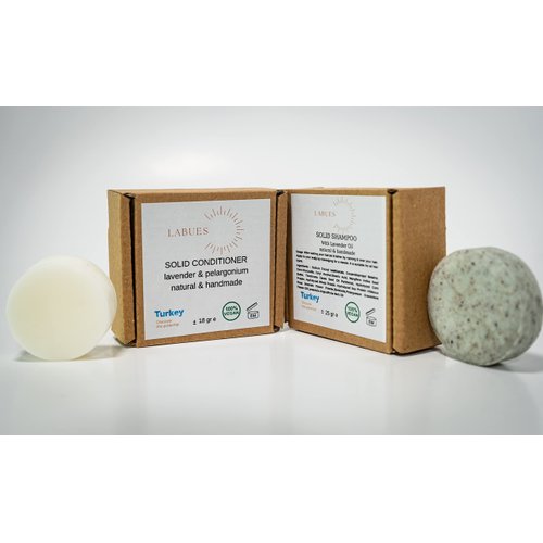 LABUES Natural Handmade Gift Set - Travel Size Shampoo Bar and Conditioner-10-15 hair washes, Hand Made Clove Soap, Natural Loofa and Turkish Face Towel-Has a firming and lifting effect on skin.