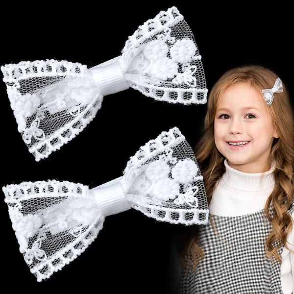 CustomyLife 2pcs 3" White Lace Hair Bow Clips Small Cute Candy Barrettes Flower Girls Wedding Prom Bows Birthday Communion Party Decor Accessory Gift for Women Teen Thin Hair