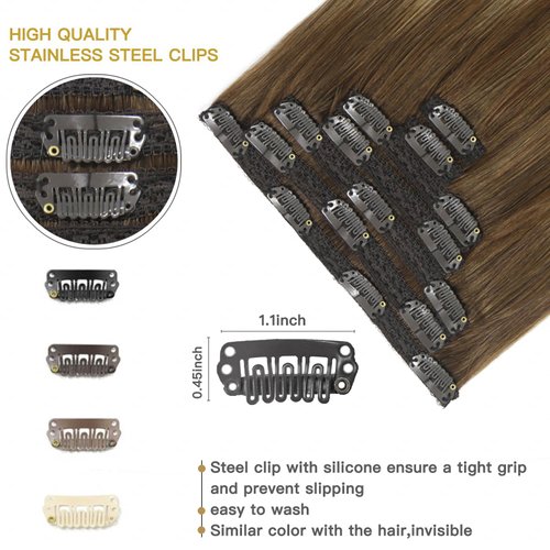 FUBILI Clip in Hair Extensions Chestnut Brown Balayage to Platinum Blonde Mix Brown Real Human Hair Medium Brown Ombre Hair Extensions Remy Human Hair Clip in Extensions 16Inch 7Pcs120g