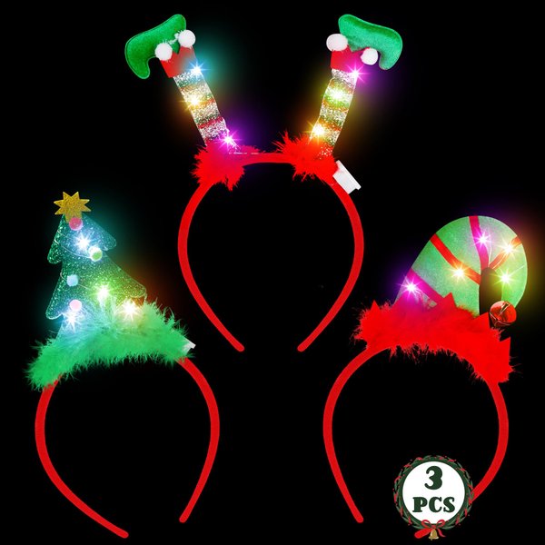 3 Pcs Light Up Christmas Headbands, Chrstmas Flashing LED Lights Headband, Chrismas Tree Santa Hat Elf Hat Christmas Headwear, Christmas Headpieces for Christmas Party Favors Costume Decor Supplies