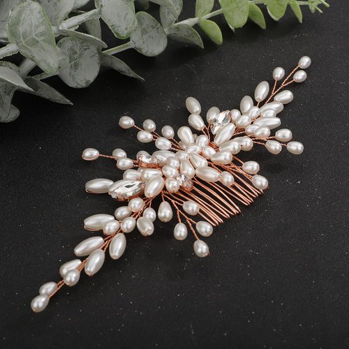 Teyglen Wedding Hair Comb Bridal Pearl Hair Comb with Rhinestone Vintage Pearl Headpieces Handmade Rose Gold Pearl Beads Crystal Hair Pieces Hair Accessories for Women Bride Girls (Rose Gold)