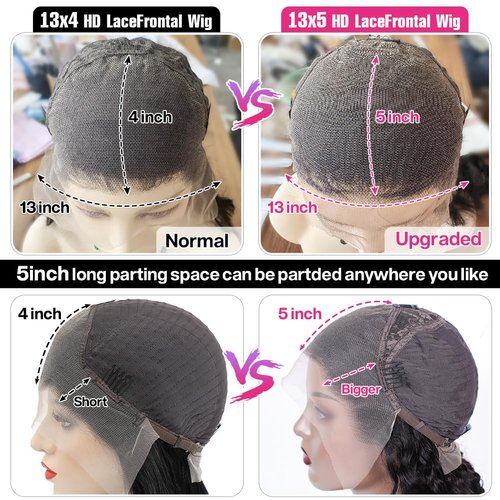 Keshon 13x5 Deep Wave Lace Front Wigs Human Hair 200% Density Deep Wave Frontal Wig Pre Plucked HD Transparent Full Lace Frontal Wigs Human Hair with Baby Hair Natural Color 28 inch