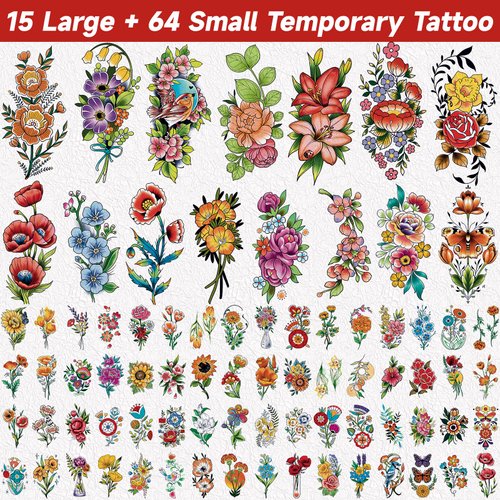 EMOME 15 Sheets Half Arm Colorful Flower Temporary Tattoos for Women, 64 Sheets Fake Tattoo Stickers for Women Girls, Long Lasting Waterproof Temporary Tattoos Adult on Body Art Decorations