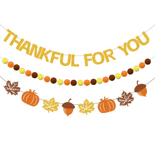Friendsgiving Party Decorations Garland, Pre Strung Thankful for You Banner Friendsgiving Garland Pom Pom, Gold Yellow Glitter Thanksgiving Party Decorations for Home Office