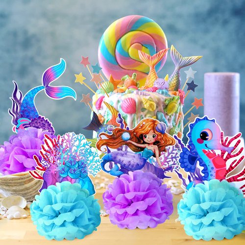 9 Pcs Mermaid Centerpieces Birthday Party Table Decorations Supplies Ocean Theme Underwater Animals Party Favors Double Sided Honeycomb Favor for Girls Baby Shower Wedding (Mermaid)