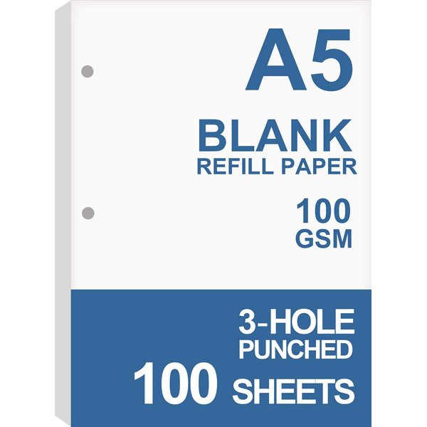 A5 Filler Paper, 3 Hole Planner Refills, Organizer, Loose-leaf Binder Paper, Total 100 Sheets/200 Pages, 100gsm, Blank, White Paper, 5.8 x 8.2 Inch