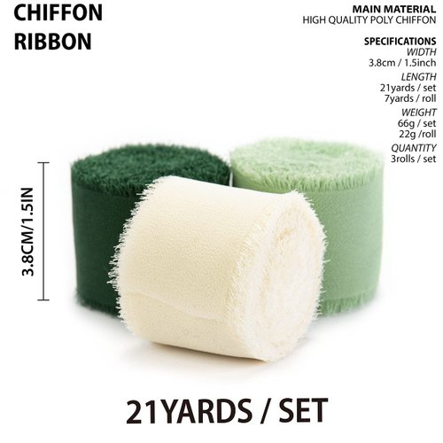Vitalizart 3 Rolls Handmade Fringe Chiffon Silk Ribbon 1.5" x 7Yd Cream & Green Ribbons Set for Wedding Invitations Bridal Bouquets Gifts Wrapping DIY Crafts