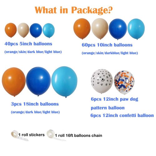 115 Pack Blue Orange Dog Theme Party Balloons Garland Decorations, 18" 10" 5" Bulk Balloons Blue Orange Skin Colors for Kids Family Birthday Party Supplies