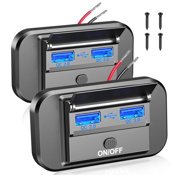 2 Pack 12V USB Outlet Dual Quick Charge 3.0 Car USB Ports: 12 Volt Power Outlet USB Panel Wall Mount Car Charger Socket for Marine RV Motorcycle Boat Car Truck, etc. (Surface Mount Installation)