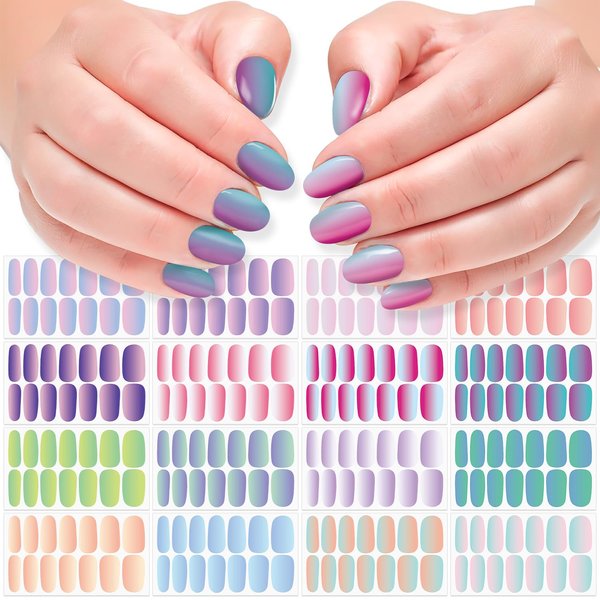 DANNEASY 16 Sheets Mermaid Color Nail Wraps Gel Nail Polish Stickers Self Adhesive Nail Polish Strips Ombre Fingernail Sticker Nails for Women with Nail File, Cuticle Stick