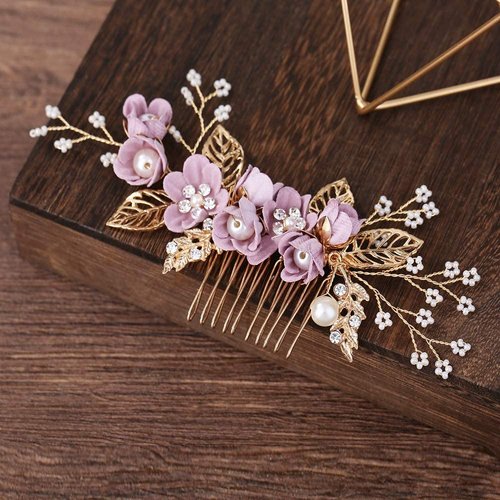 Hair Side Combs Bride Wedding Hair Comb Flowers Pearl Bridesmaids Hair Piece Accessories Vintage Bridal Hair Clips for Women and Girls (Purple)