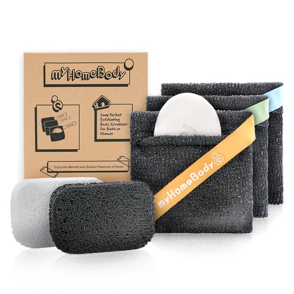 myHomeBody Soap Pocket Squares Exfoliating Soap Saver Pouch, Body Scrubber, Exfoliator Sponge for Bath or Shower, for 5oz Bar Soap or Leftover Bits, Graphite Gray, 3 Pack + 2 Soap Lifting Pads