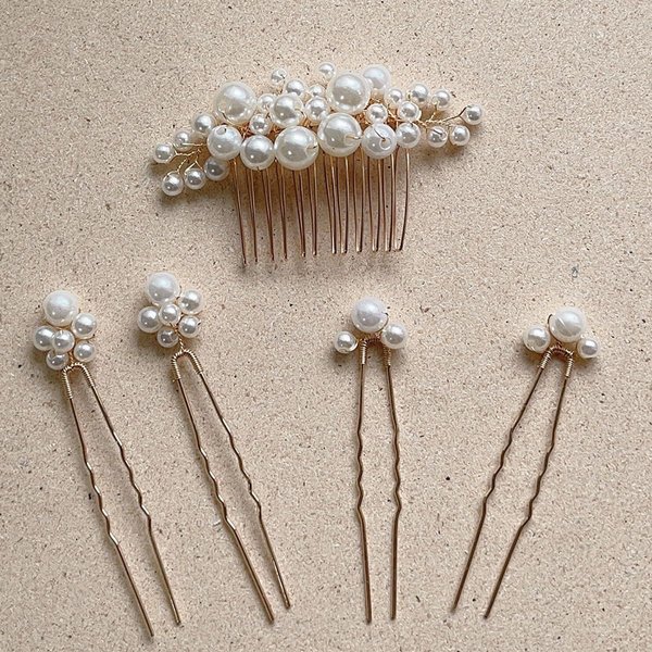 Foyte Pearl Hair Comb for Wedding Pearl Hair Clips Bridal Pearl Bobby Pins Set Gold Bridesmaid Hair Accessories for Women and Brides 5PCS