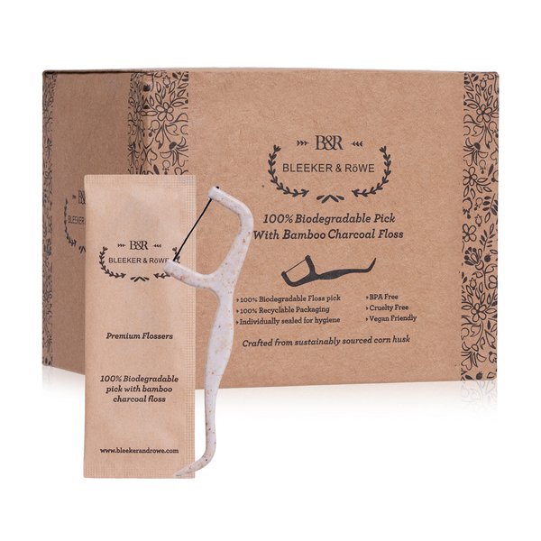 Bleeker and Rowe 100% Biodegradable Individually Wrapped Floss Picks - Eco Friendly Flossers 150 Pack (Biodegradable Bamboo Charcoal Floss)