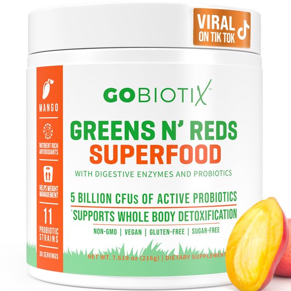 GOBIOTIX Super Greens and Reds Powder - Red and Green Superfood - Probiotic Supplement - Digestive Enzymes and Beet Root Powder - Organic Whole Foods Dietary Supplement (Mango, 1 Pack)