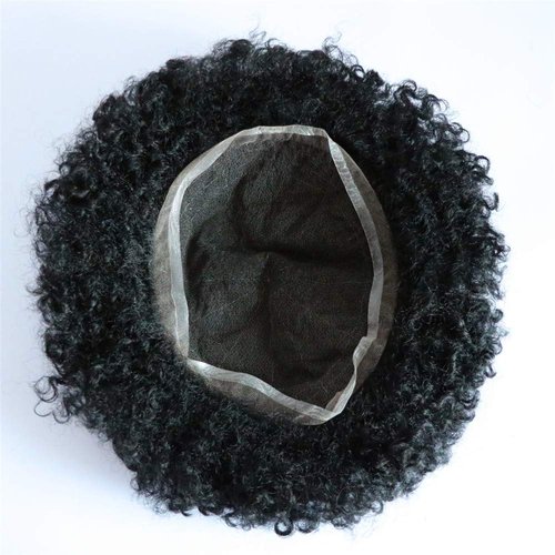 lumeng Men Unit Short Afro Kinky Curly Male Toupee Human Hair Wigs Kinky Curly Full Lace Wig for Men (1# Jet Black)