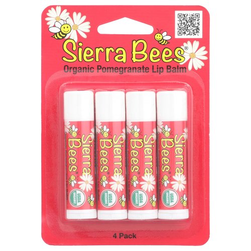 Organic Lip Balm by Sierra Bees - Moisturizing Balm for Chapped Lips - Featuring Sustainably Sourced Beeswax, Olive Oil, Sunflower Oil, & Vitamin E - Cruelty Free, Non-GMO - 4 Pack - Pomegranate