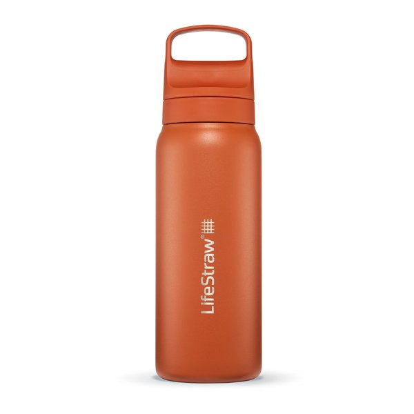 LifeStraw Go Series – Insulated Stainless Steel Water Filter Bottle for Travel and Everyday use removes Bacteria, parasites and microplastics, Improves Taste, 24oz Kyoto Orange