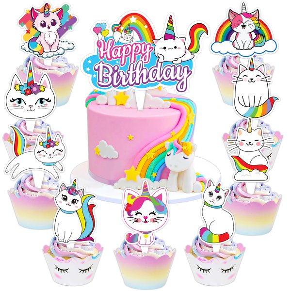 Caticorn Cake Topper Picks, 25 PCS Funny Rainbow Caticorn Cupcake Toppers Cake Decorations Cat Unicat Birthday Theme Party Supplies Favors Decor Cute Centerpiece Table for Boys Girls Carnival Prizes