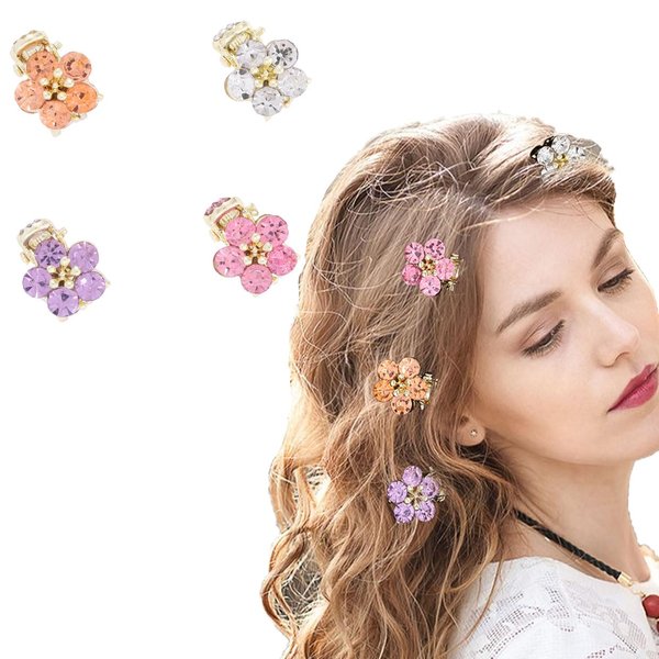 Campsis 4PCS Crystal Hairclips Small Flower Hair Claw Clips Sparkly Rhinestone Floral Hair Clip Mini Hair Claw Gripper Party Prom Decorative Hair Accessories for Women